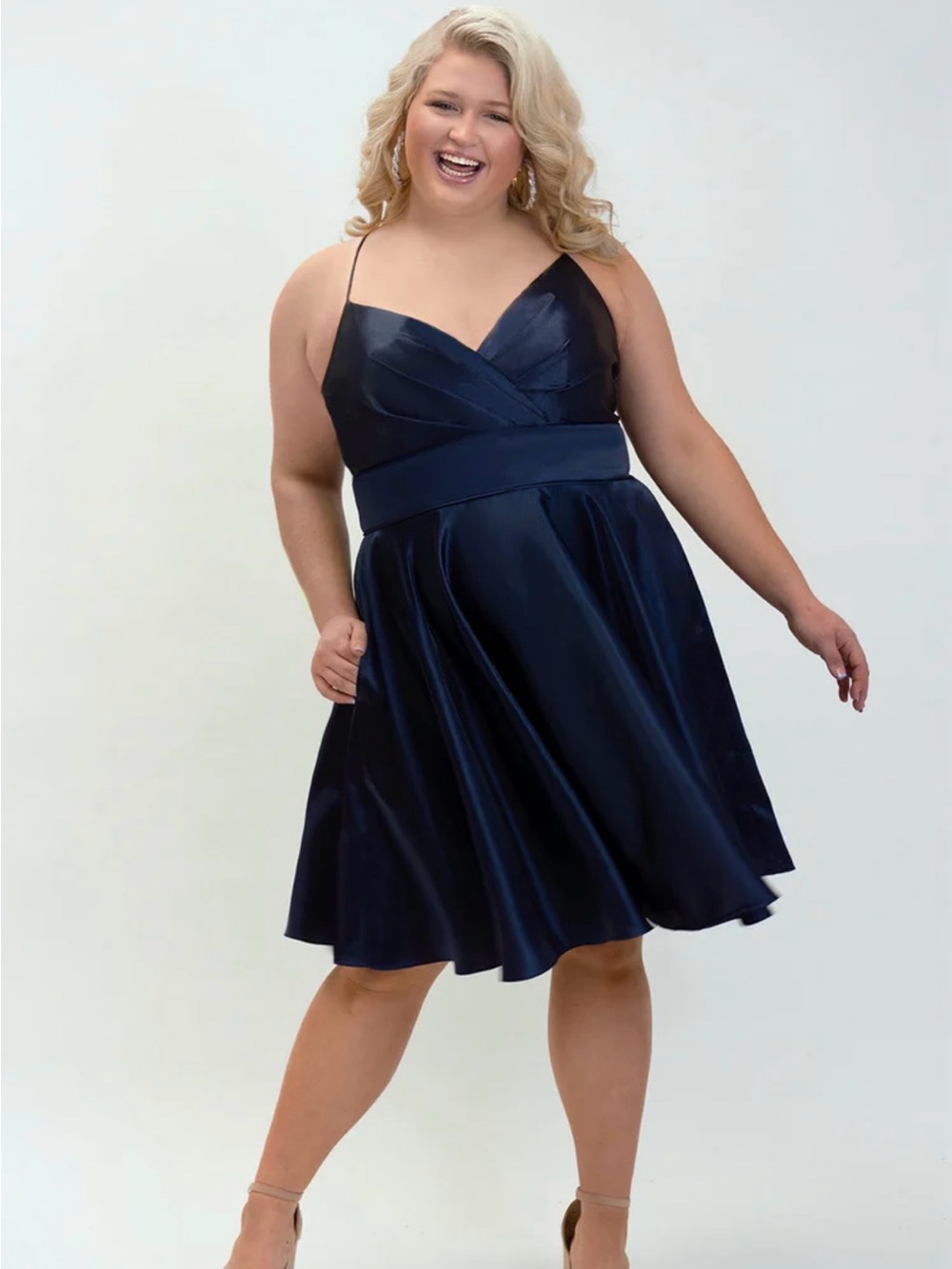 Sydney's Closet Navy Satin Fit-and-Flare Spaghetti Strap Dress